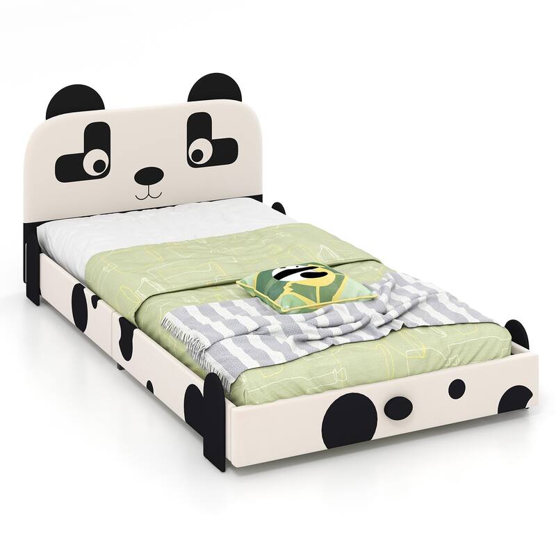Twin Size Kids Bed with Cute Panda Headboard - white-black