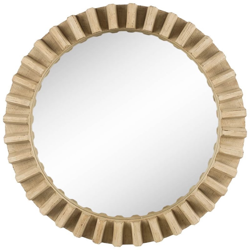 HomeRoots 35" Round Natural Brown Wood Frame Wall Mirror - 47