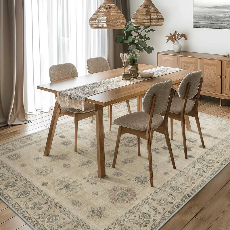 Mcow Vintage Floral Low-Pile Machine Washable Non-Slip Area Rug