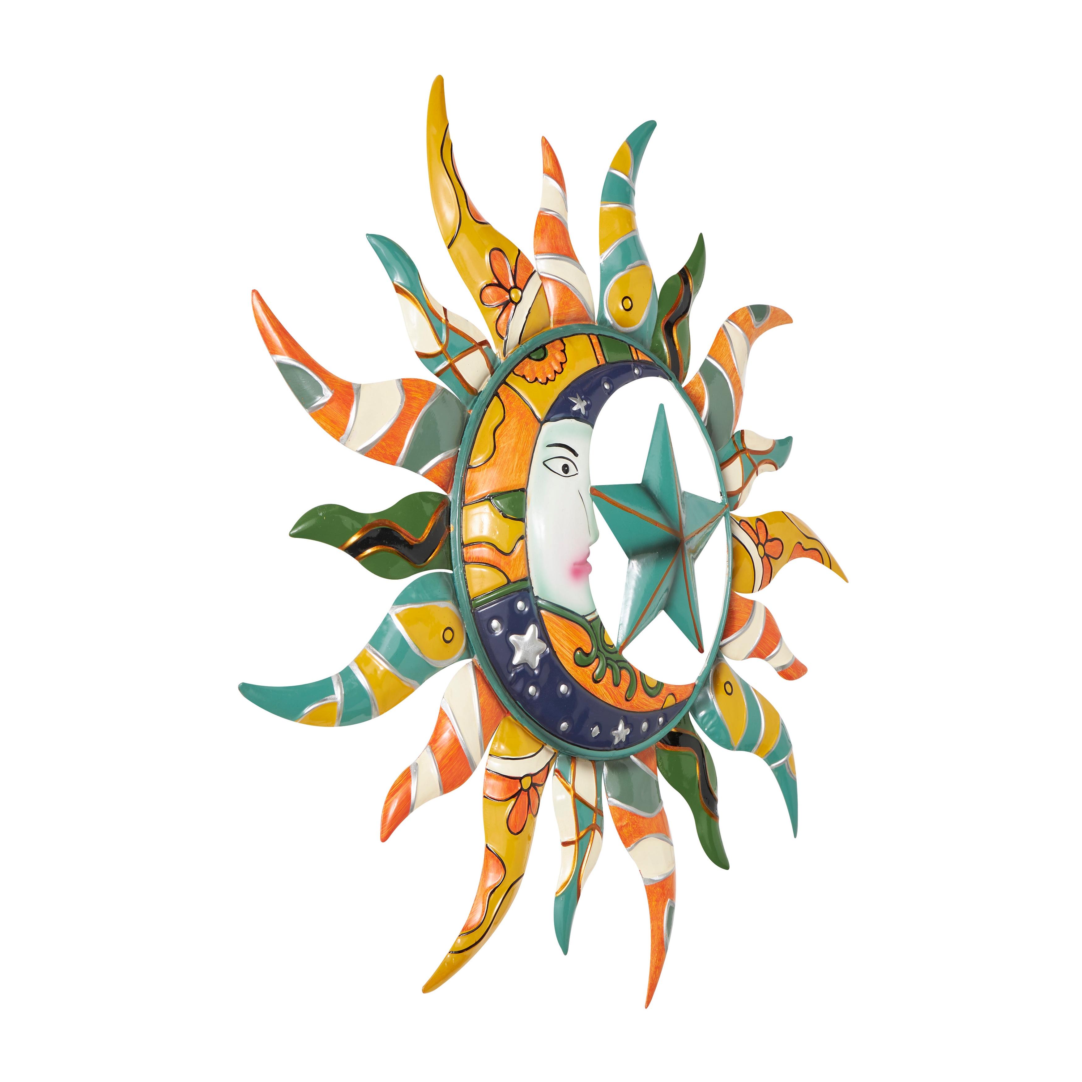 Multi Color Metal Eclectic Whimsical Celestial Sun Art Wall Sculpture