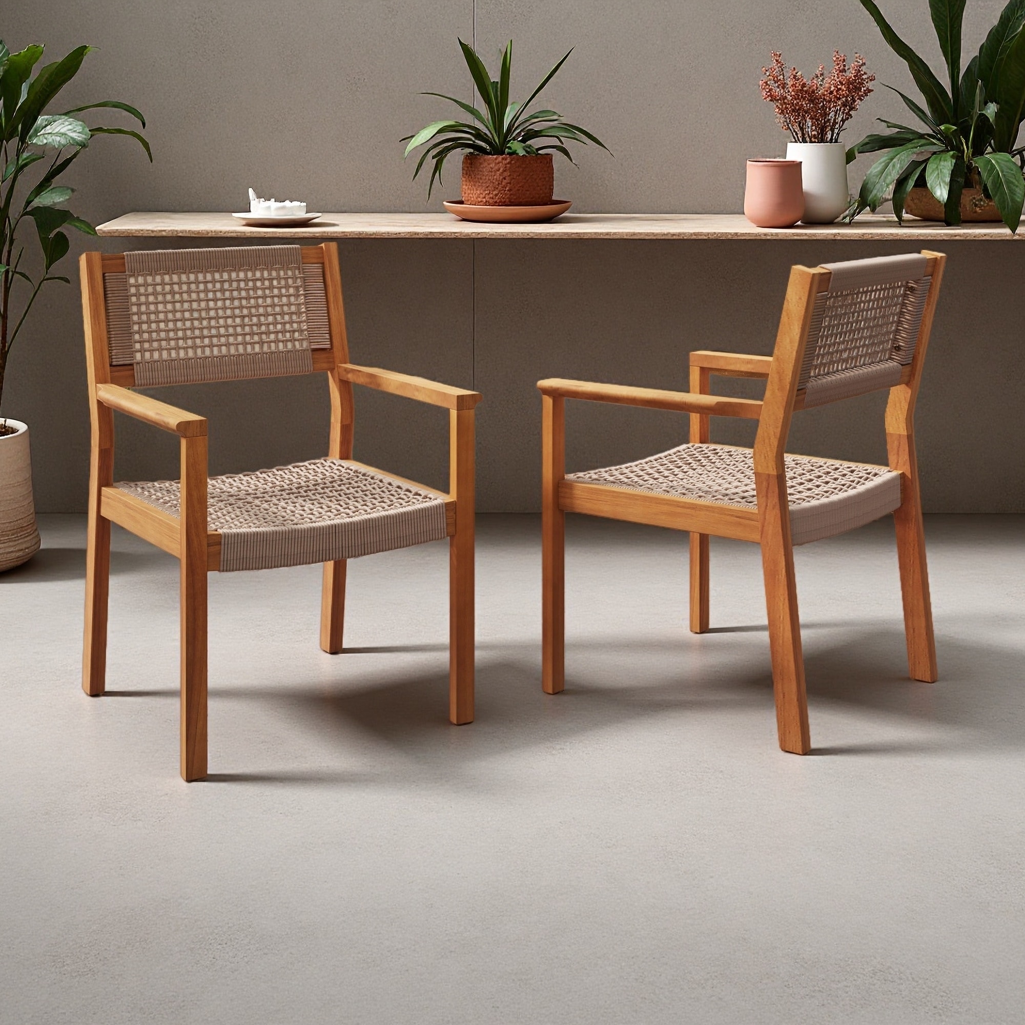 35"H Set of 2 Acacia Wood & Rope Patio Dining Chairs with Teak Finish, Woven Design & Easy Assembly