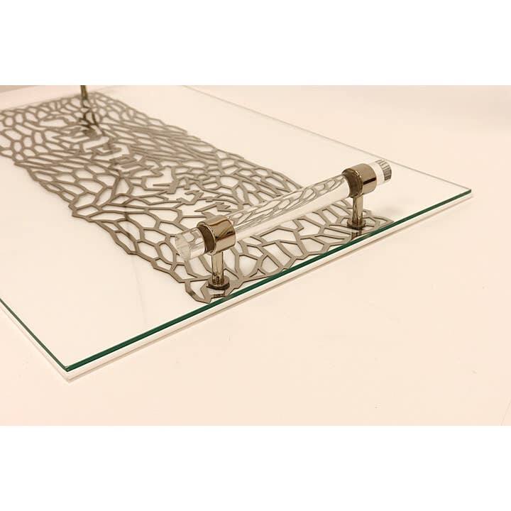 Acrylic Challah Tray with Cylinder Handles - 16"L - Silver
