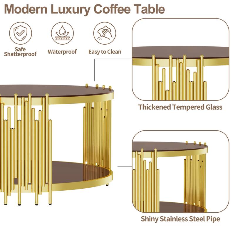 Modern Gold Round Coffee Table with Brown Glass Top & Stainless Steel Legs