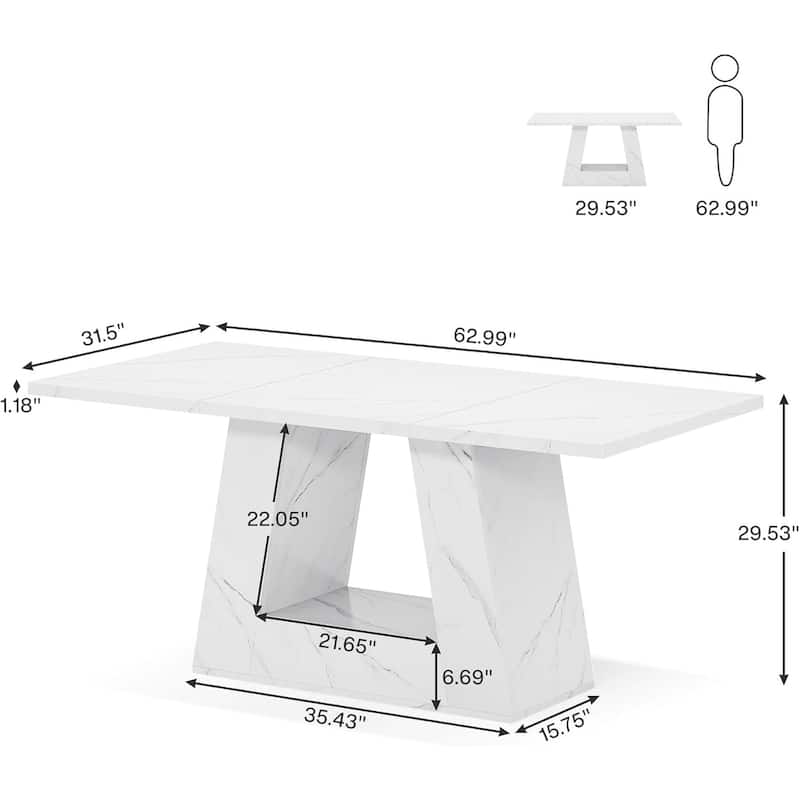 63" Modern Rectangular Dining Table for 4 to 6 People, White Faux Marble Kitchen Table