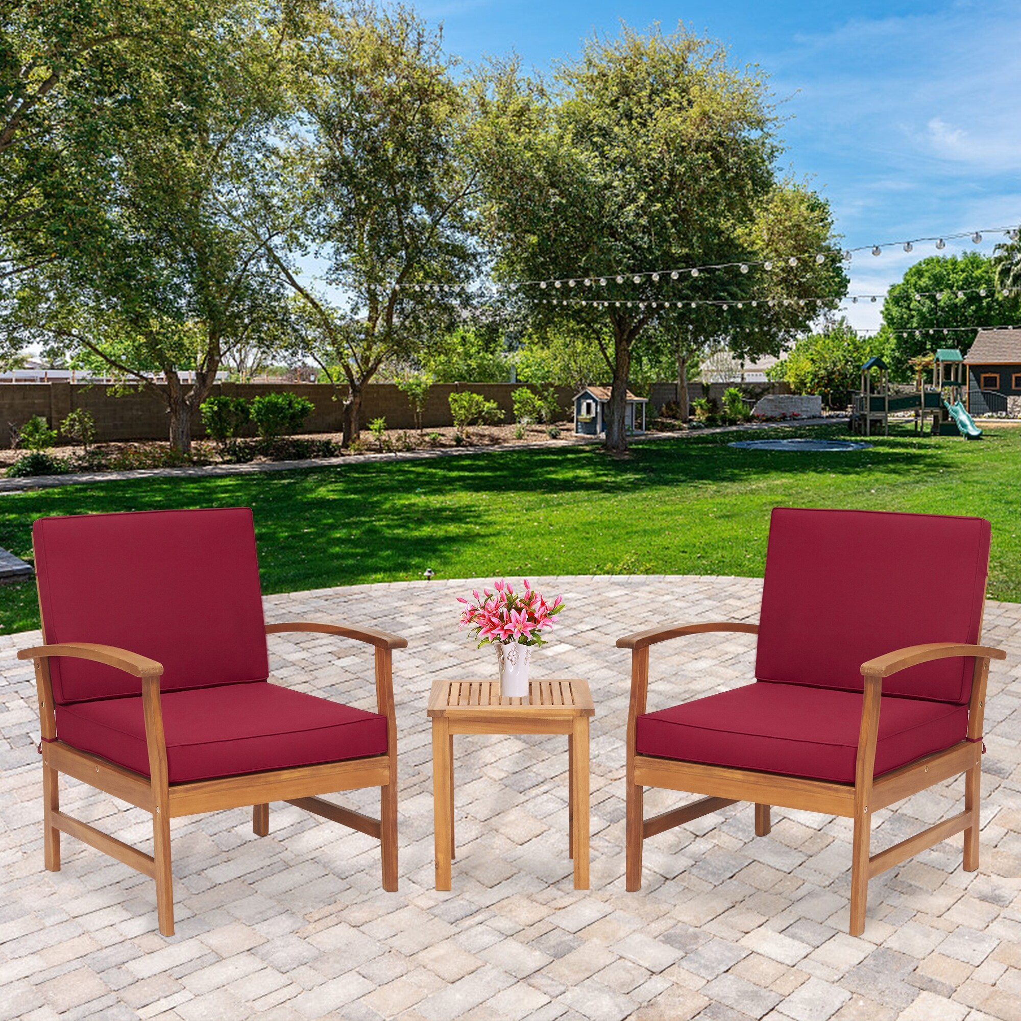 Shop Kinbor 3 Piece Outdoor Conversation Set Acacia Wood Chair And Table Set W Cushions Patio Furniture Set For Backyard Poolside Overstock 32205604