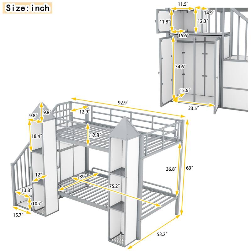 Castleshaped Bunk Bed Metal with Wardrobe, Twin Over Twin Bunk Bed