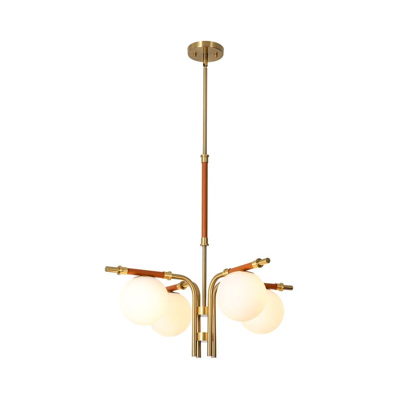 4-Light Mid-Century Modern Gold Linear Sputnik Chandelier with Opal Glass Globe Shades for Living Room, Dining Room, Bedroom