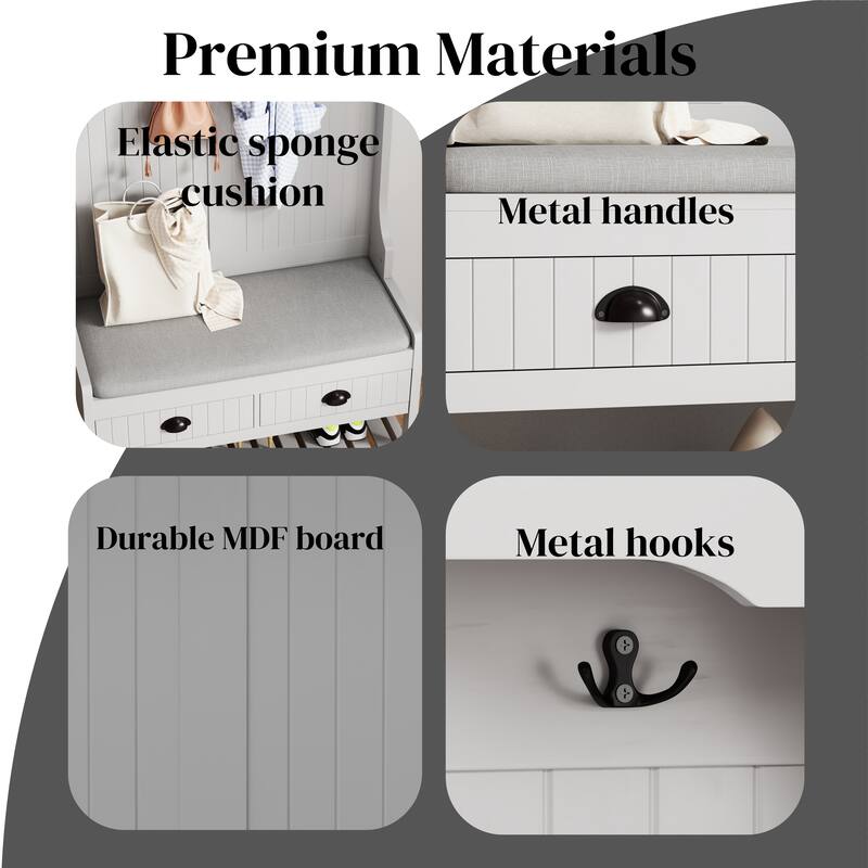 Entryway Hall Tree Cabinet Coat Rack with Cushion Shoe Bench, Storage Cabinet with Sliding Drawers