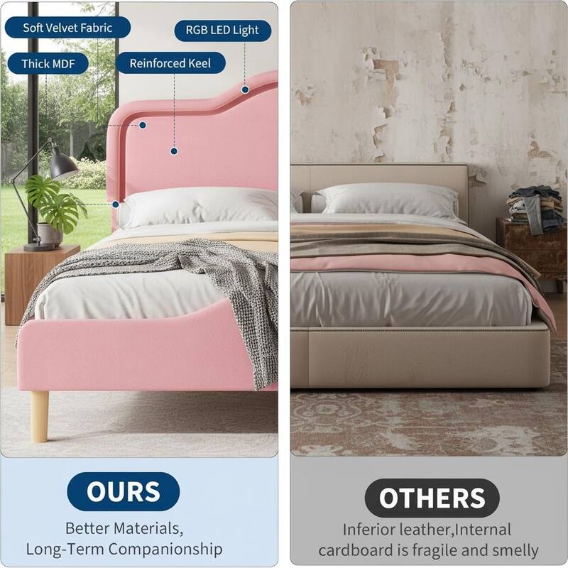 Bed Frame, Adjustable LED Headboard and Footboard