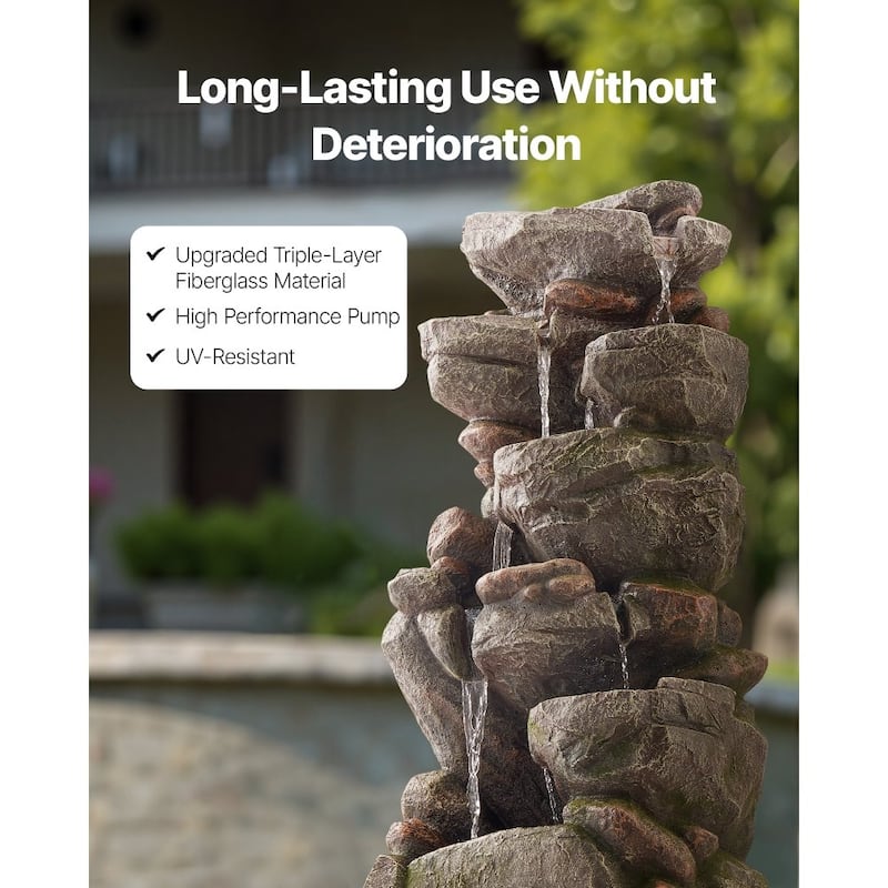 7-Tier Rock Style Yard Fountain with Soothing Water Sounds and LED Lights for Patio Decor - 14.96 x 11.42 x 38.98 in