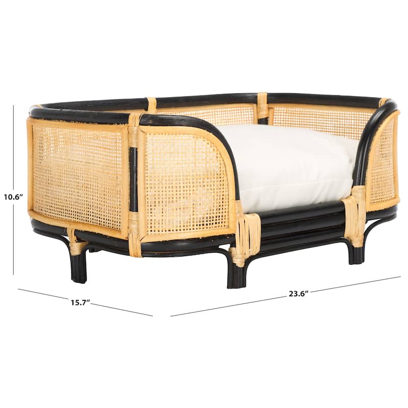 SAFAVIEH Home Timo 23.6W x 15.7D x 10.6H-inch Beige/Natural/Black Rattan Pet Bed with Cushion - 23.6"W x 15.7"D x 10.6"H