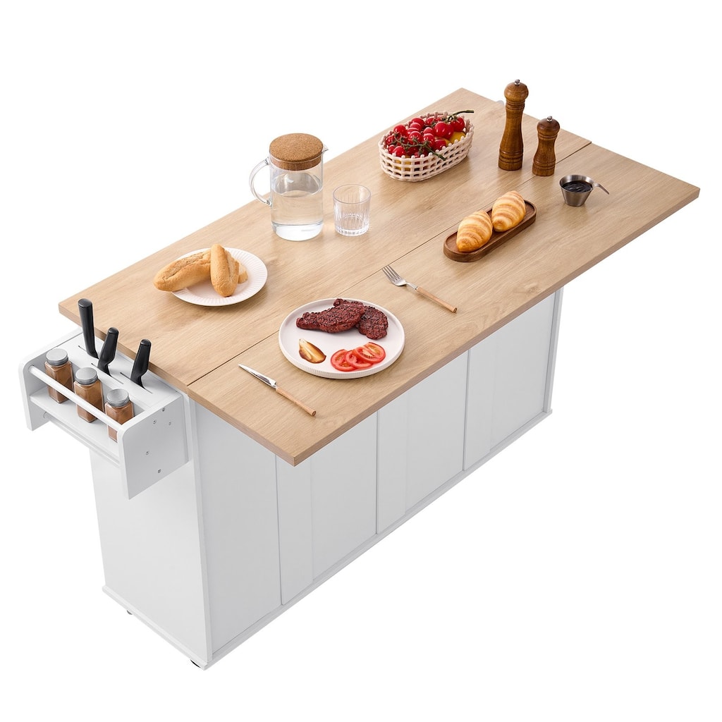 White Mobile Kitchen Island Cart with Drop Leaf Drawers and Locking Wheels for Small Space - 50.62"L x 27.5"W x 35.5"H