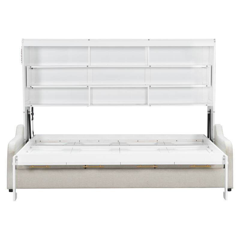 Murphy Bed Wood Cabinet Bed with Folding Sofa, Hideaway Wall Bedframe with Built-in Storage Shelves and LED Lights