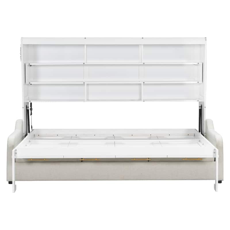 Murphy Cabinet Bed with Folding Sofa Built-in Storage Shelves and LED Light