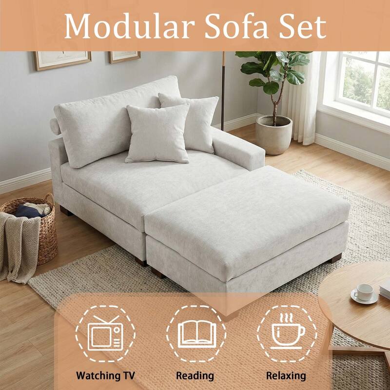 Oversized Chenille Modular Armchair And Ottoman Set Living Room Set