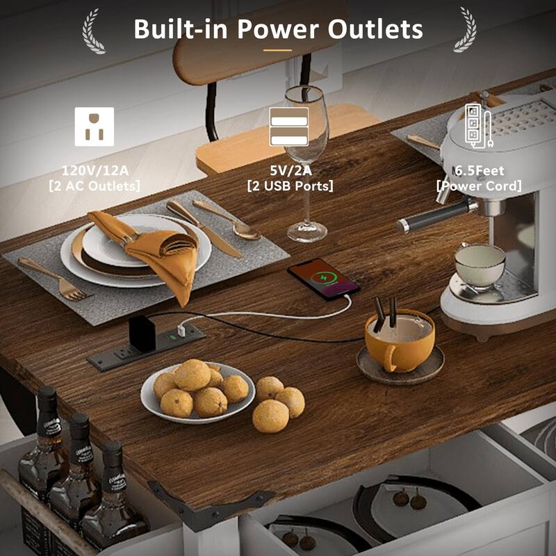 Farmhouse Kitchen Island with Power Outlet, Sliding Barn Doors, Drop Leaf, Spice Rack, and Rolling Wheels