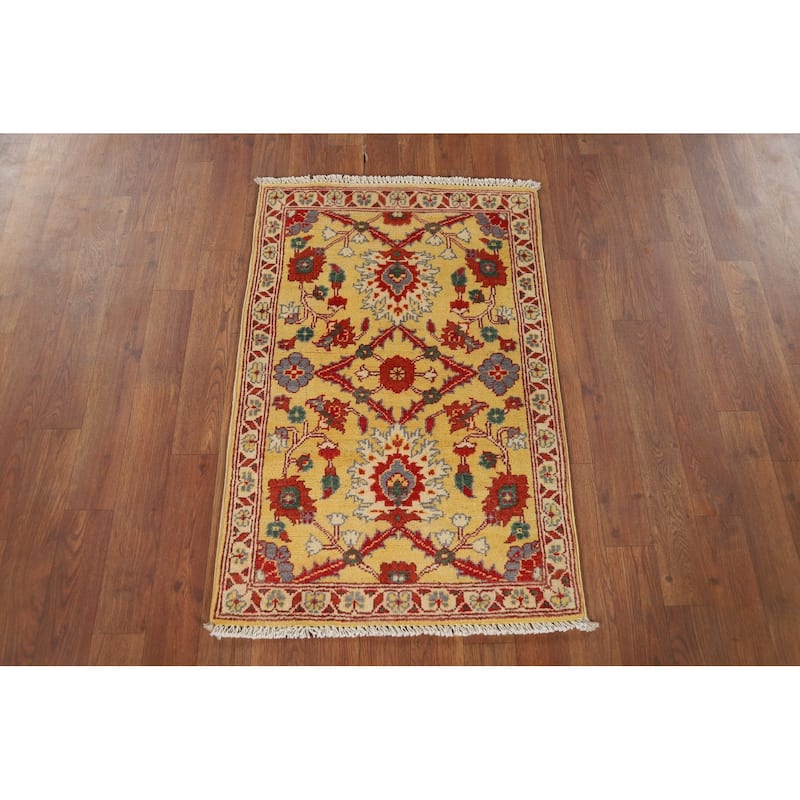 Yellow Kazak Oriental Foyer Rug Hand-Knotted Floral Wool Carpet - 2'0" x 3'0"