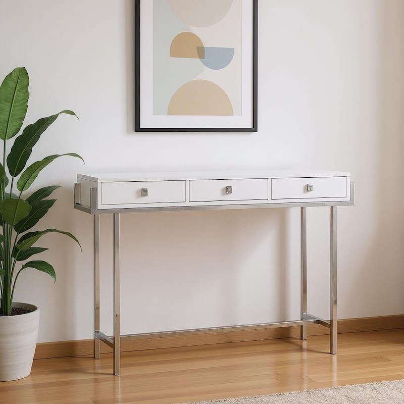 HomeRoots 48" Taupe and Silver Console Table And Drawers - 48.00 in. x 31.75 in. x 12.00 in. - White