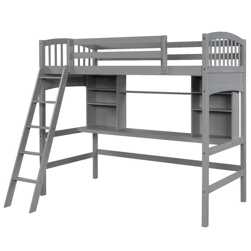 Space-Saving Twin Loft Bed with Built-in Desk, Storage Shelves and Ladder in Gray