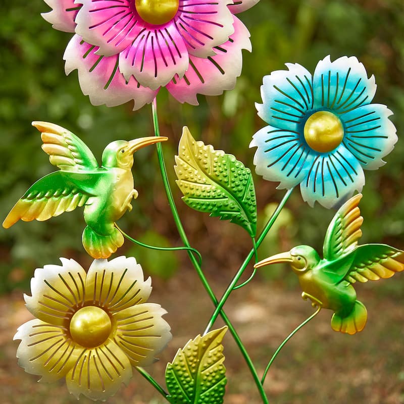 Glitzhome 34"H Garden Flower and Hummingbird Yard Stake Spring Gifts