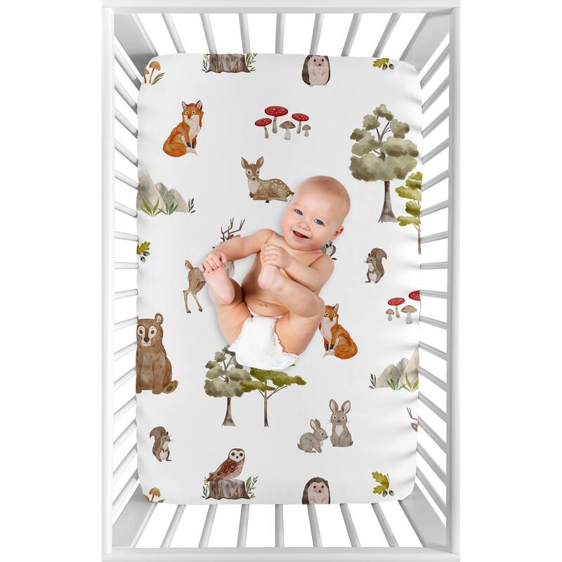Sweet Jojo Designs Woodland Forest Animals Boy Girl Gender Neutral Unisex Fitted Mini Portable Crib Sheet Friends Bear Fox Deer