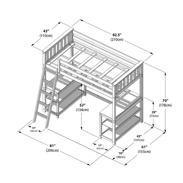 Max and Lily Twin Size High Loft Bed with Wraparound Desk and Shelves