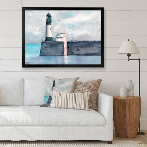 Designart 'Long Pier With A Lighthouse' Nautical & Coastal Framed Art Print