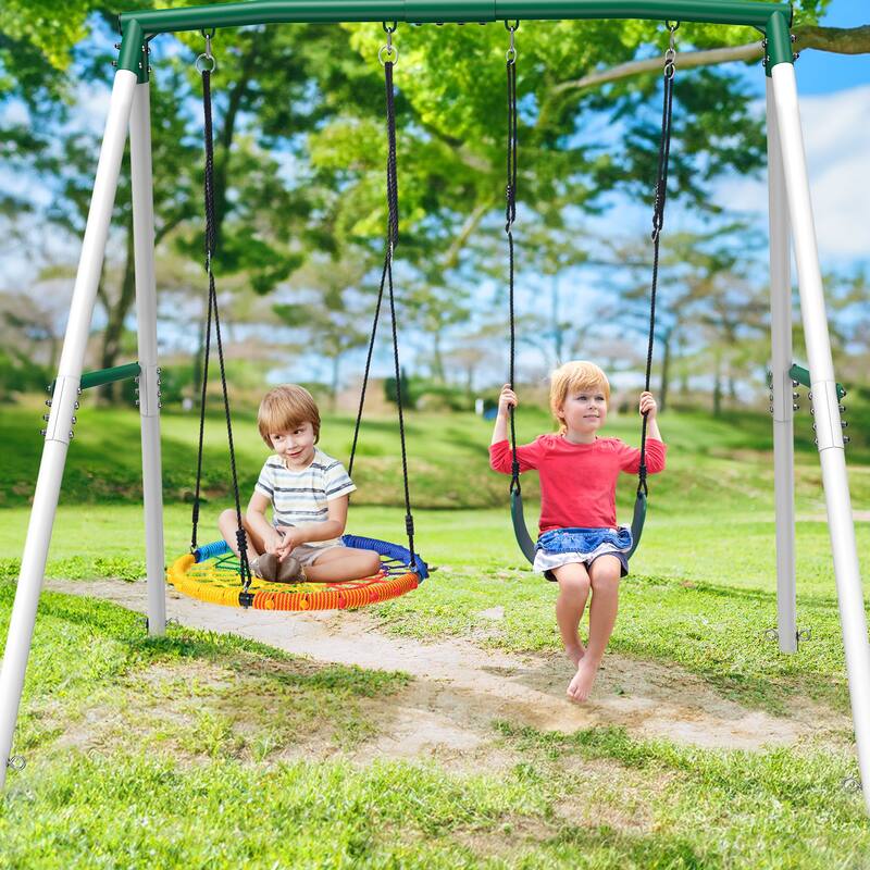 7.6' Heavy Duty Tall Swing Sets for Backyard for Kids with Spider Web Saucer Swing , Belt Swings