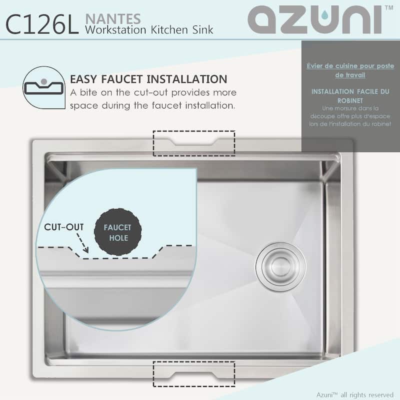 AZUNI 25"L x 19"L Single Bowl Undermount 16G Reversible Workstation Kitchen Sink with accessories C126L - 25" x 19" x 10"
