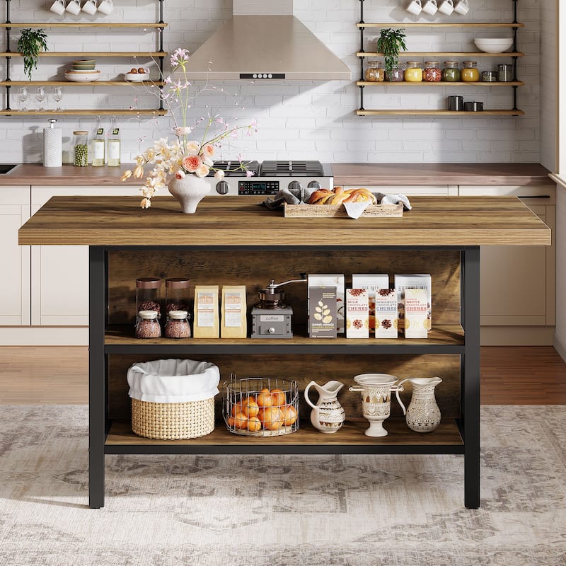63'' Industrial Kitchen Island Bar Table with Open Storage Shelves