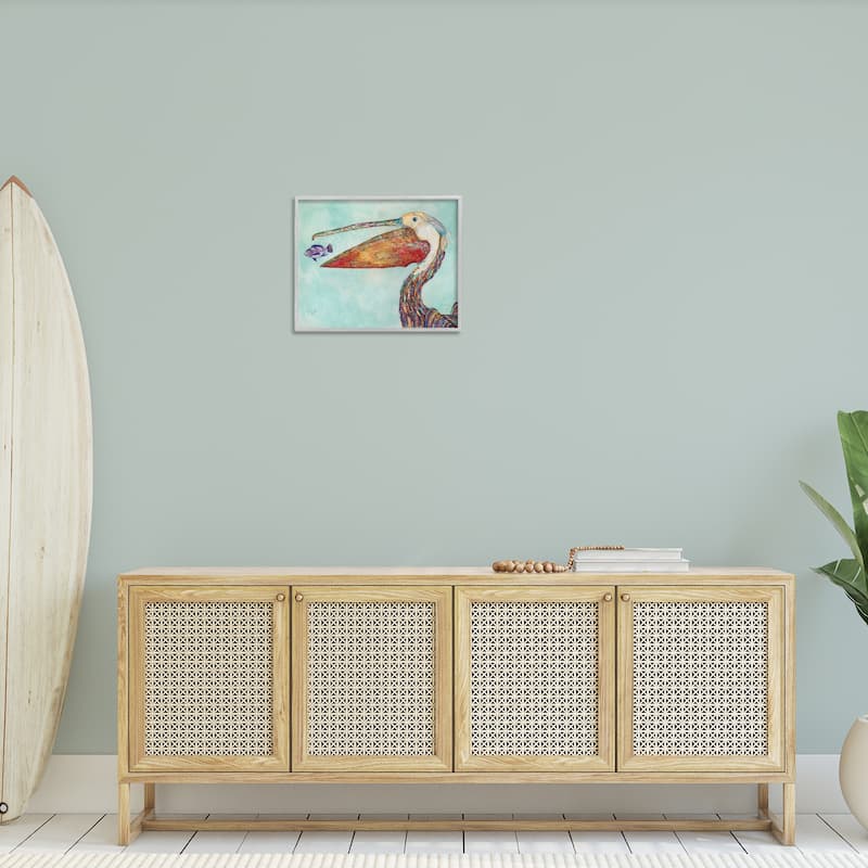 Stupell Pelican's Lost Supper Fish and Patterned Feathers Framed Giclee Texturized Art by Lisa Morales