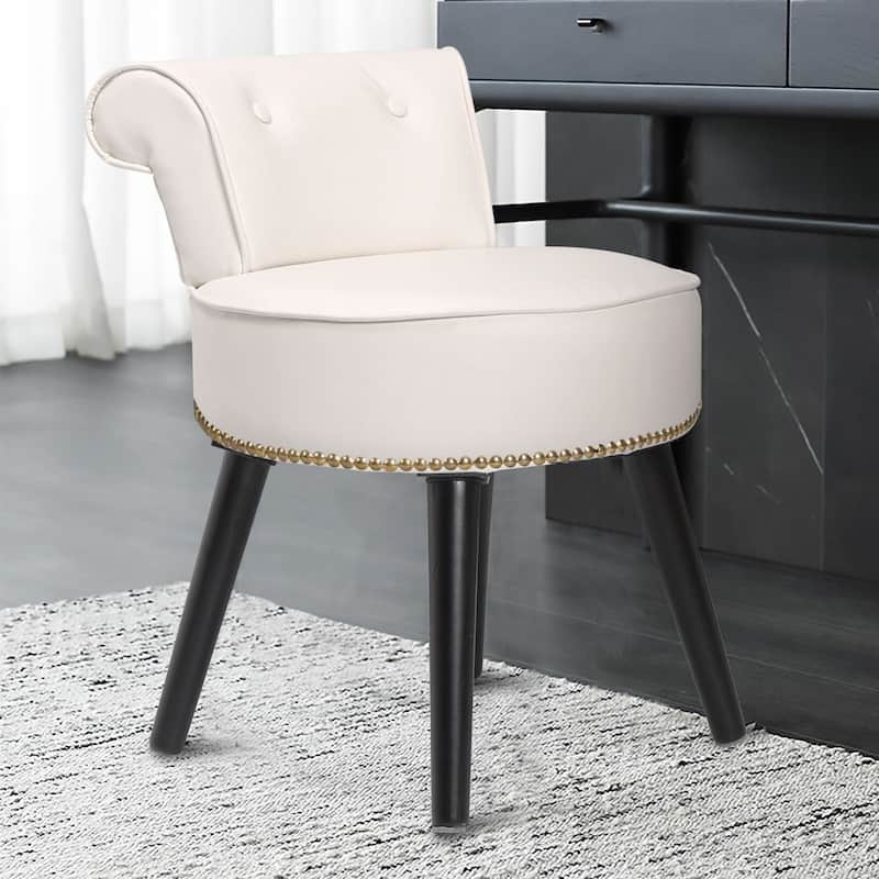 VEIKOUS Makeup Vanity Stool Chair with Low Back and Wood Legs-17.3" x 15.7" x 25.1" - Off-White