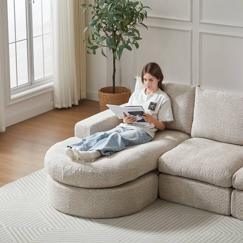 Curved Sectional Sofa with L-Shape Chaise, Chenille Upholstered Boneless Cloud Sofa, Modular 4 Seat Corner Sofa with Cushions