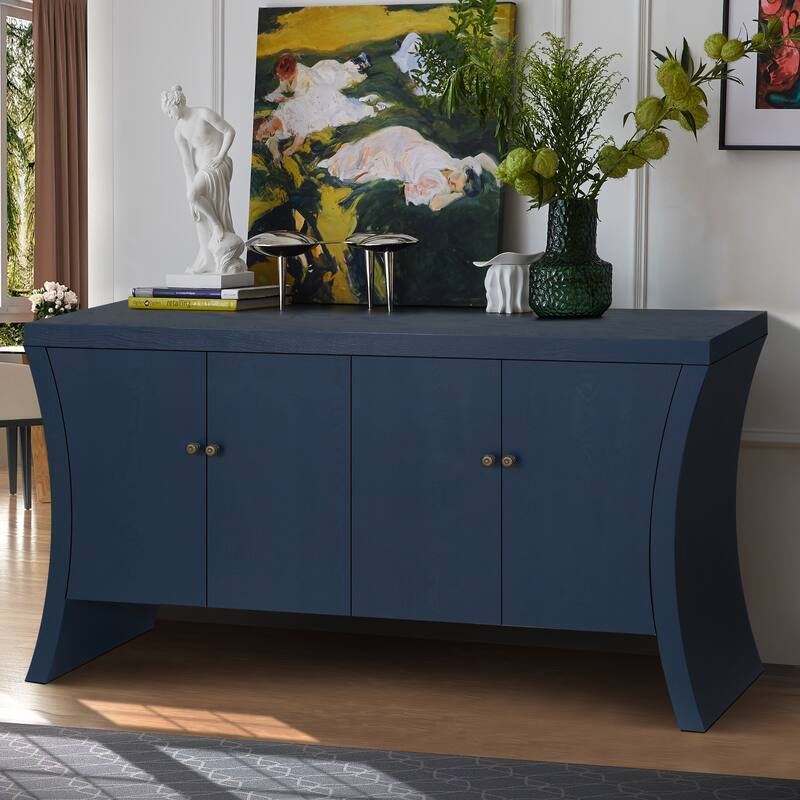 Refined Industrial 4-Door Credenza with Wooden Arc Legs & Bronze Clasps
