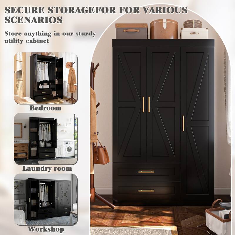 Classic Three-Door Wardrobe,Wood Bedroom Armoire with Hanging Rod and Shelves,Spacious Storage Closet,Modern Farmhouse Design