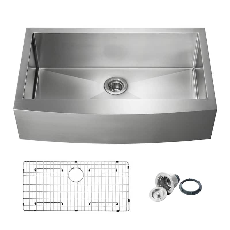 Handcrafted Farmhouse Apron Single Bowl Real 16 gauge Stainless Steel Kitchen Sink with Strainer and Grid - 36 Inch