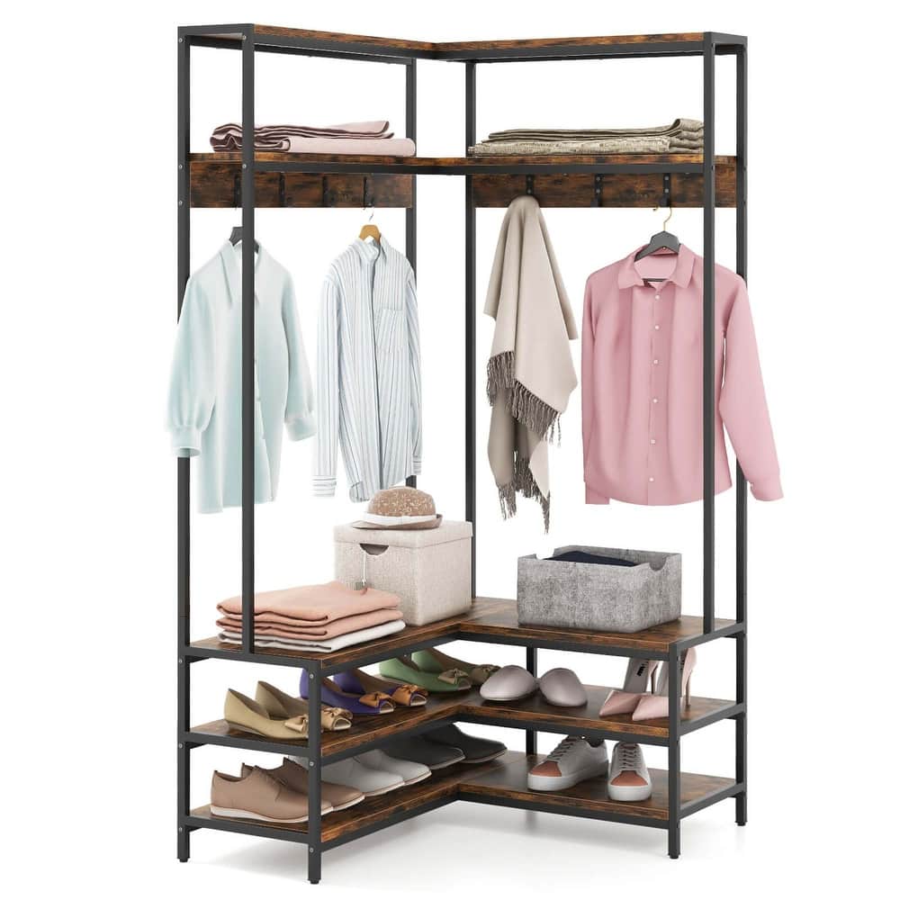 Costway Corner Garment Rack L-shaped Clothes Rack with Open Shelves & - See Details