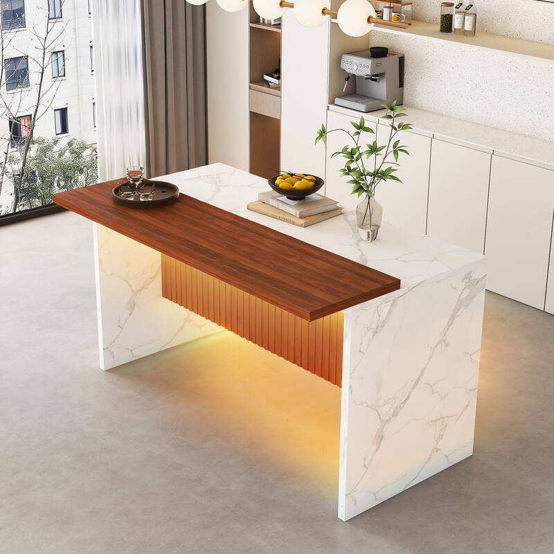 63" Kitchen Island with Marble Look Surface, LED Lights & Grille Design - White