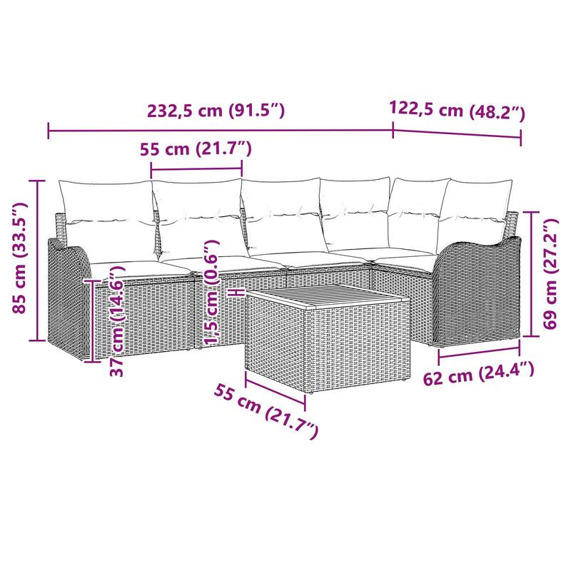 vidaXL 6 Piece Garden Sofa Set with Cushions - 91.5×48.2×27.2