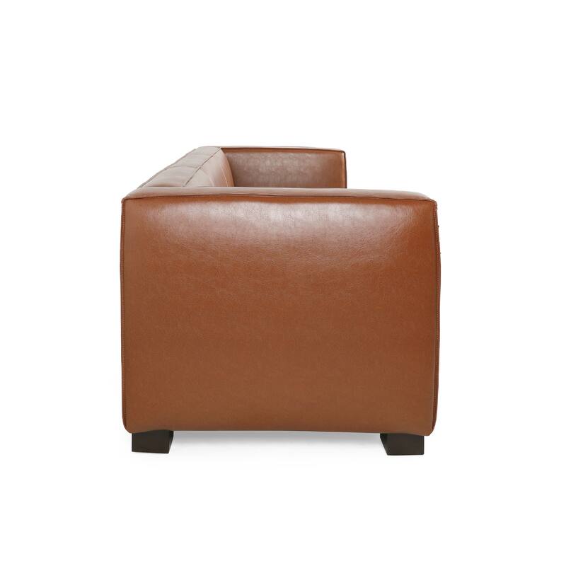 Grag 3 Seater Sofa, Tuxedo Design, Birch Wood Legs, Brown Faux Leather