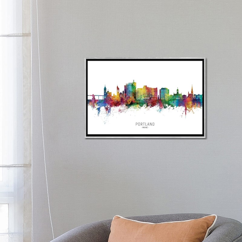 iCanvas "Portland Maine Skyline City Name" by Michael Tompsett Framed
