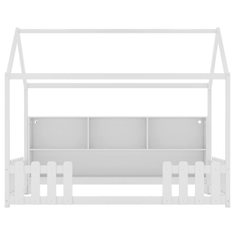 Twin Size House Bed with LED Light, Wood House Bed with Storage Bookshelf, Floor House Bed with Guardrails for Kid