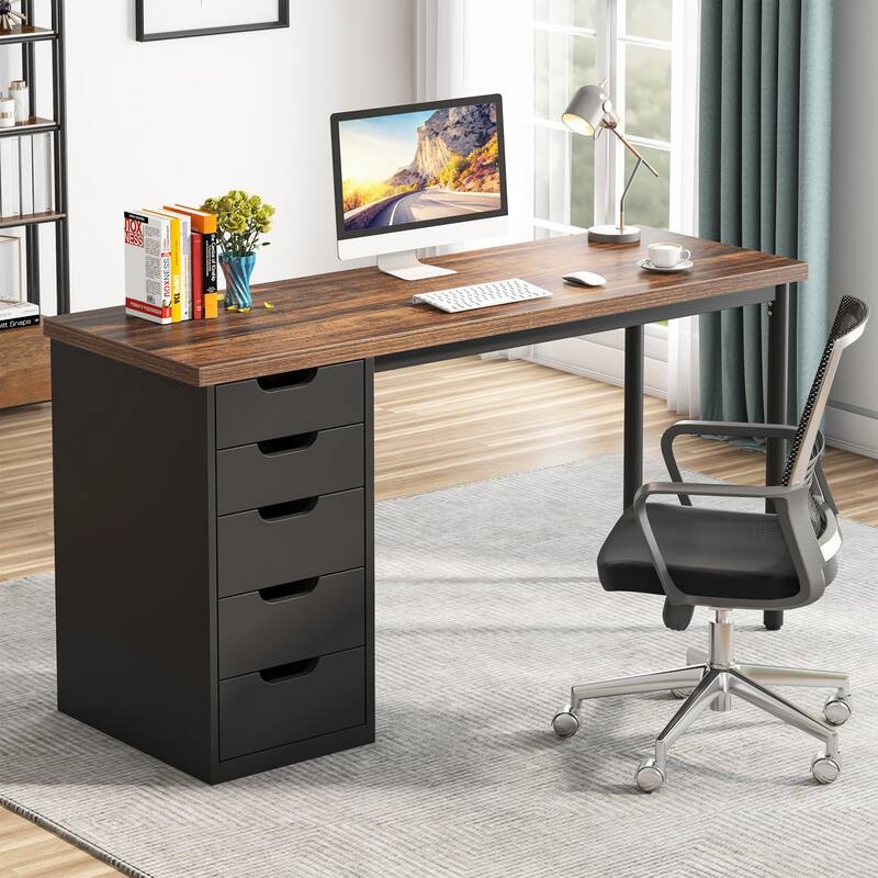 Modern Computer Desk with 5 Reversible Drawers, Storage Home Office Desk, PC/Laptop Desk, Study Writing Table Workstation