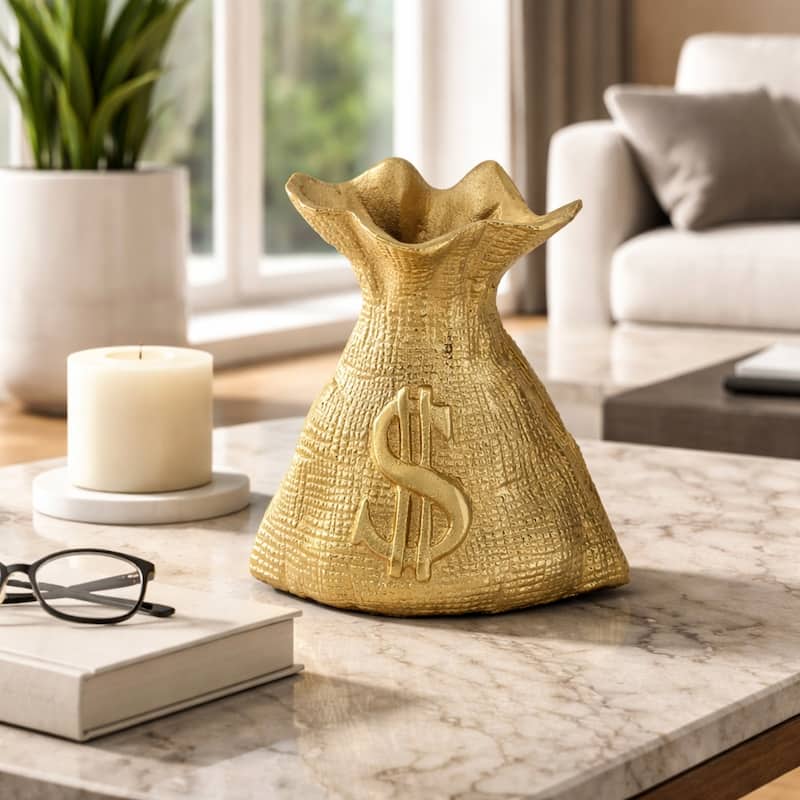 Modern Metal Money Bag Figurine Sculpture - 8", Gold & Metallic - 7.25"