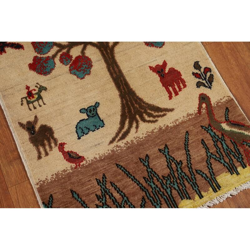 Animals Pictorial Kazak Oriental Foyer Rug Handmade Beige Wool Carpet - 2'0" x 3'0"