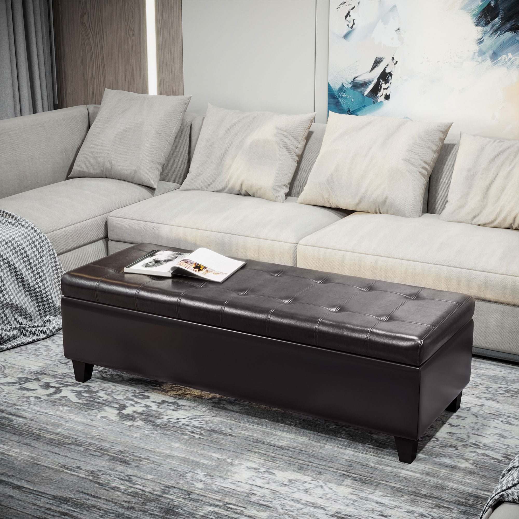Leather Storage Bench End of Bed Bench for Bedroom, Rustic Dining Bench Brown Vanity Bench Indoor Bench