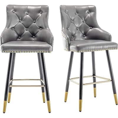 Gray PU Upholstered Modern Barstool Tufted Living Room Home Dining Bar Kitchen Counter Island Luxurious Golden Leg Faux Finish