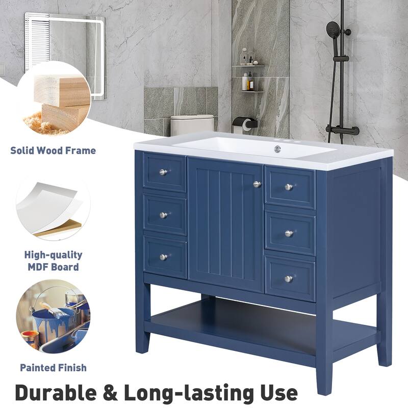 Modern 36" Freestanding Bathroom Vanity with Sink, Cabinet, Three Drawers, and Open Shelf