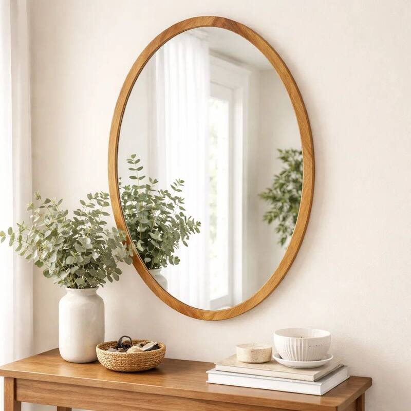 33 Inch Modern Accent Wall Mirror, Mountable Oval Wood Frame in Brown