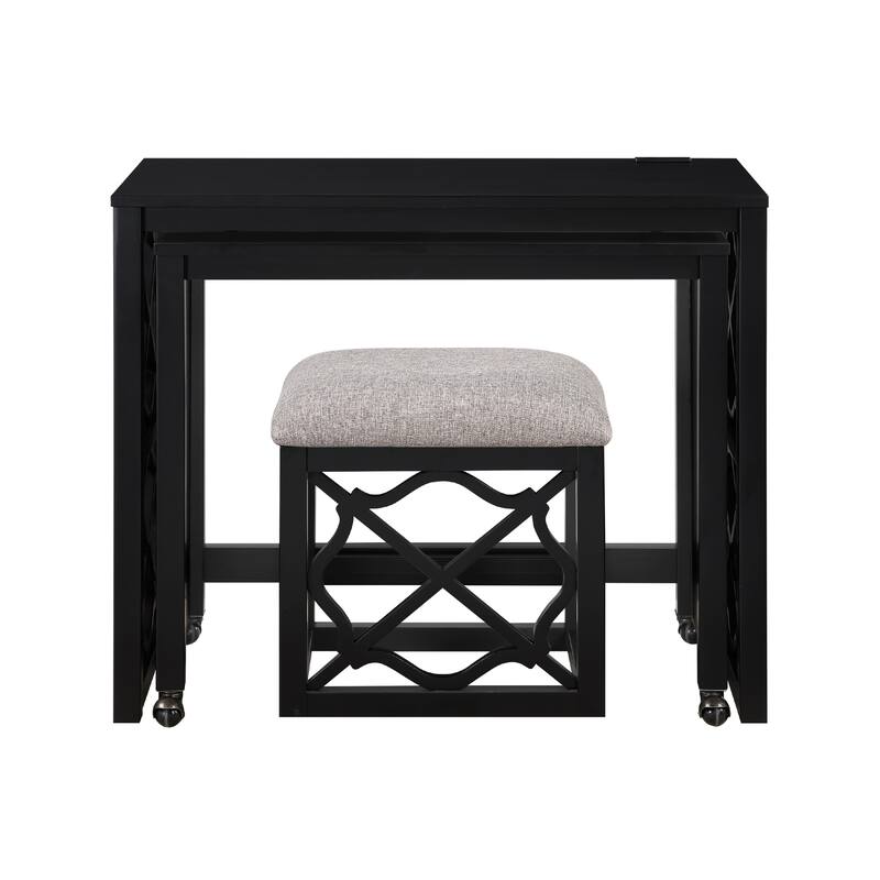 Syna 3 Piece Nesting Desk and Stool Set, Black Wood, Gray Polyester